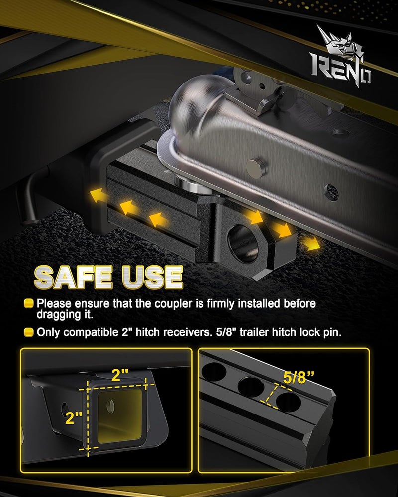 Reno Trailer Hitch, Aluminum Tow Hitch with 3/4" D-Ring Shackle Compatible with 2 inch Receiver Hitch 2" Ball Mount - 6,000 LBS GTW (1 Pack, Black) - Image 4